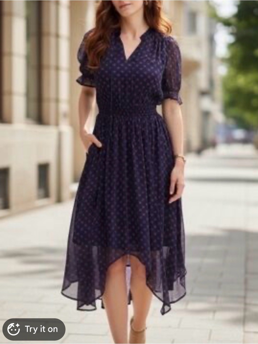 Draper James Navy Polka-Dot High-Low Midi Dress